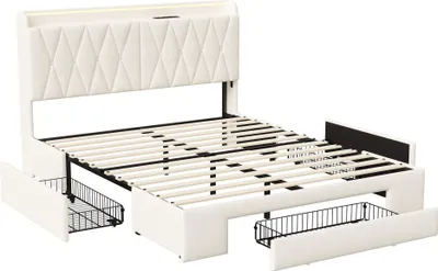 Obrázek produktu pro Čalouněná postel Fortuna Lai 140x190 s úložným prostorem, manželská postel s USB a LED, postel pro mladé se 3 zásuvkami, funkční rám postele s roštem, samet, béžová barva