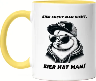 Produktbild von Eier sucht man nicht Eier hat man Cooles Küken Tasse Gelb - Frecher Spruch
