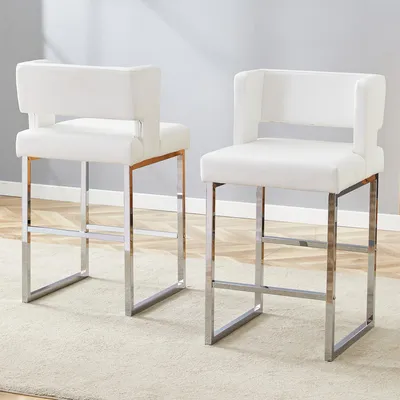 Produktbild von MODFU 2er-Set Barhocker, Polstersessel Küchenstuhl mit Quadratische gepolsterte und silbernen Metallbeine,für Bürostuhl,Loungesessel,Esszimmerstuhl,Weiß