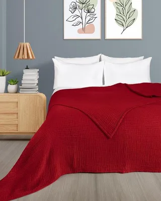 Zdjęcie produktu dla Unyqoos® Extra miękka narzuta z muślinu, 100% bawełna, 4-warstwowa, 180 x 220 cm, kolor bordo – narzuta na łóżko i sofę