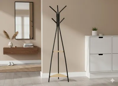 Zdjęcie produktu dla Nowoczesny wieszak stojący z półkami TARES 180 cm - czarny