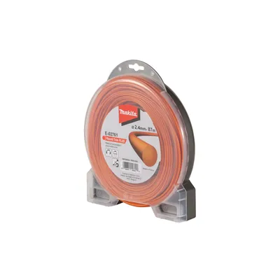 A spool of orange trimmer line in its clear plastic packaging, displayed on a white background.