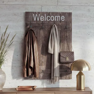 Image de Portemanteau mural HWC-C89 Welcome, panneau de vestiaire, look shabby vintage, 91x60cm ~ brun, shabby