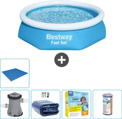 Immagine prodotto di Piscina gonfiabile rotonda Bestway Fast-Set - 244 x 61 cm - blu - pompa inclusa - tenda da sole - pacchetto manutenzione - filtro - telo di fondo