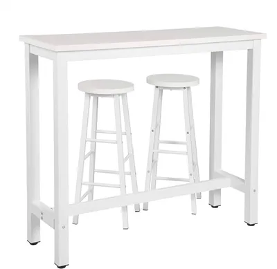 Immagine prodotto di Set da bar composto da un tavolo e due sgabelli, struttura in metallo, piano in MDF, colore bianco, dimensioni 120x40x100 cm
