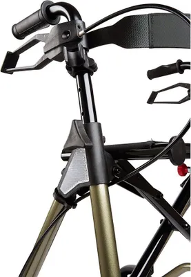 A close-up view of the handlebars and steering column of a rollator.