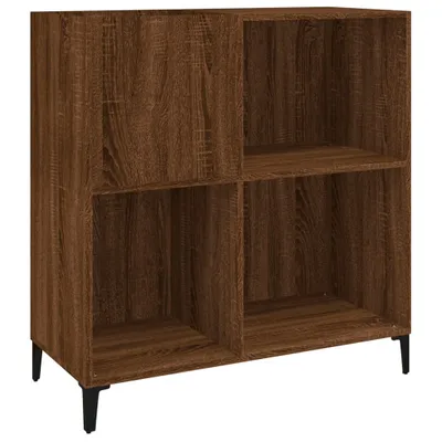 A brown wooden bookshelf with four compartments and black legs, shown against a white background.