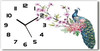 Produktbild von Wanduhr aus Glas – 60x30 cm - Glasbild - Glasuhr - Gehärtetes Glas - schwarze-zeiger - Pfau und Blumen