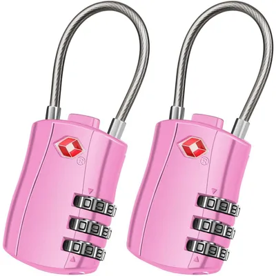 Image de Cadenas numériques à 3 chiffres avec câble métallique, lot de 2, couleur rose, pour valises, bagages, casiers
