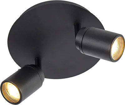 A black, two-headed ceiling spotlight with a round base, shown against a white background.