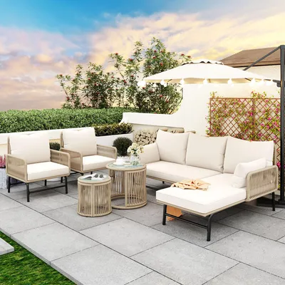 Produktbild von Gartenlounge-Set aus gewebtem Seil – Eisenrahmen, 2 Sessel, 2 Zweisitzer-Sofas & 2 Tische, inkl. aller Kissen, Terrassenmöbel für Außenbereich, Beige