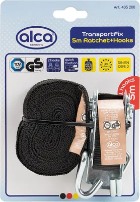Produktbild von alca® Spanngurt 1 x 5 m mit Ratsche + 2 Stahlhaken 122,5 daN schwarz verstellbar mit Ratschenspanner Spanngurt nach DIN EN 12195-2