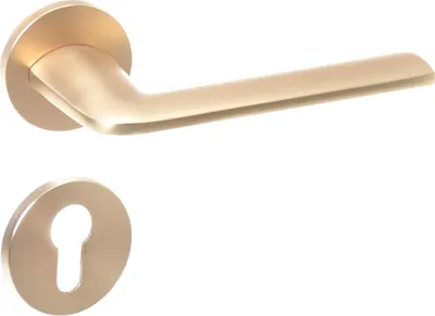 A gold-colored door handle and keyhole escutcheon are shown against a white background.