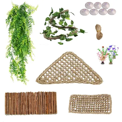 Produktbild von Reptilien Hängematte 10 Stück, handgewebtes Seegras Terrarium Zubehör mit Saugnäpfen, Kletter- & Sonnenplattform für Bartagame und Gecko