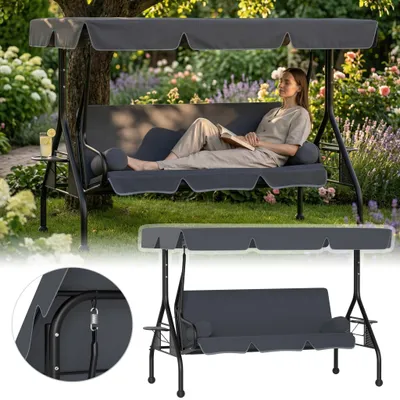 Obrázek produktu pro YRHome antracitová pohodlná houpací lavice, 2 v 1 – sedací a ležící funkce, se sluneční stříškou a polštáři