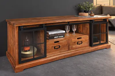 Produktbild von HERITAGE Massives Lowboard 160cm natur Akazienholz schwarz Metall Vitrine