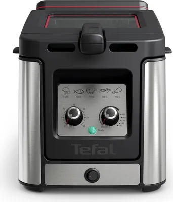 A front view of a Tefal deep fryer on a white background.