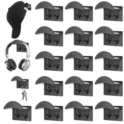 16 selbstklebende Wandhaken für Mützen, schwarz, ABS