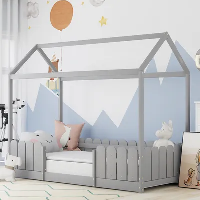 Produktbild von STILVORA Bettgestell 90x200 mit Rausfallschutz für Jugendliche und Kinder,Kinderbett mit Dach&Lattenrost,Holzbett in Hausform,Grau(mit Matratze)
