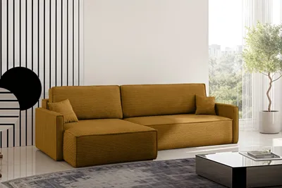 Image de Canapé-lit Carlos, canapé d'angle en L avec fonction couchage et coffre de rangement, tissu Poso couleur moutarde, version gauche