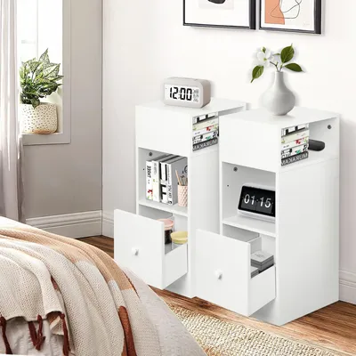 Produktbild von 2er set Nachttisch mit Schublade,schmal Beistelltisch Nachtschrank Sofatisch Couchtisch für Schlafzimmer,Wohnzimmer 25x30x66cm Weiß