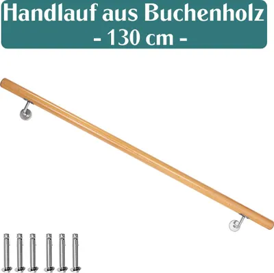 Produktbild von Buche Holz Handlauf Treppengeländer Geländer für Treppe Wandhandlauf Wand seitliche Montage Auswahl Länge 50 - 500 cm, Länge:130 cm