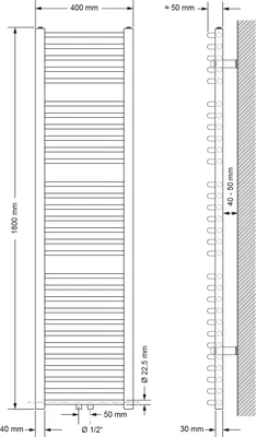 Technical drawing of a radiator with dimensions.