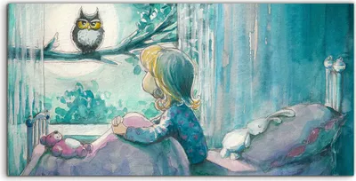 Produktbild von Coloray Acrylbild 140x70  Wandbild Acrylbilder Mädchen im Bett sieht die Eule an