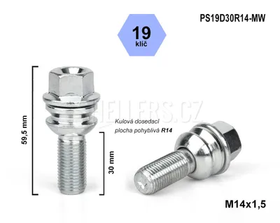 Obrázok produktu pre Skrutka kolesa M14x1,5x30 guľa R14 pohyblivá, kľúč 19, PS19D30R14-MW, výška 59,5 mm