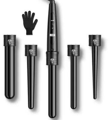 Productafbeelding van Stijltang 5-in-1 met LCD-display, keramische coating, verwisselbare opzetstukken, krultang met handschoenen, instelbare temperatuur, snelle opwarming. Krultangen ET-W301