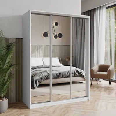 Produktbild von Masseno Schiebetürenschrank RIEN 150/205/60 cm Kleiderschrank mit Schubladen Schlafzimmer Schrank 3-türig mit Spiegel Weiß + Satin