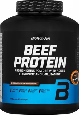 A black tub of BioTech USA Beef Protein powder with a blue label.