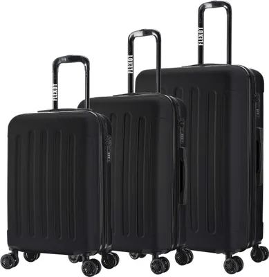 Three black suitcases of different sizes are displayed side-by-side against a white background.