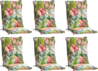 Six chair cushions with a tropical floral pattern are arranged in two rows of three on a white background.