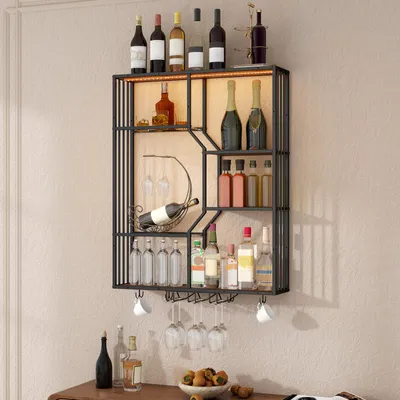 Image de Étagère murale LED Puluomis de 100 cm avec éclairage RGB et contrôle via application, étagère éclairée, verre de sécurité de 5 mm, 2 porte-tasses, porte-verres à vin marron