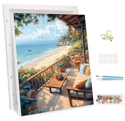 Image de Kit de peinture par numéros pour adultes, avec cadre, vue sur la mer, fleurs, à réaliser soi-même, dimensions 30x40 cm