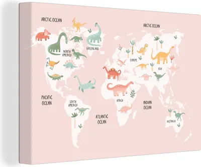 Produktbild von OneMillionCanvasses® - Leinwandbilder - 140x90 cm, Weltkarte - Kinder - Dinosaurier, Wandbilder Kunstdruck Wanddekoration