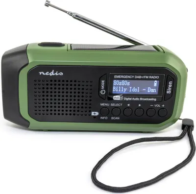 A green and black emergency radio with a solar panel and antenna.