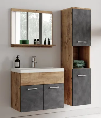 Immagine prodotto di Badplaats Set completo di mobili da bagno Montreal 60 x 35 cm Rovere castagno con grigio scuro - Mobili da bagno con lavabo, specchio e armadio da bagno