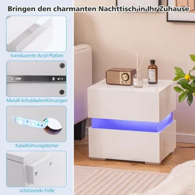 Image de Table de chevet LED avec 2 tiroirs & télécommande & dynamique 45 x 35 x 45 cm blanc