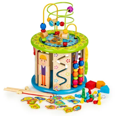 Productafbeelding van Een educatieve houten blokkenbak met spelletjes, blokken en een visspel