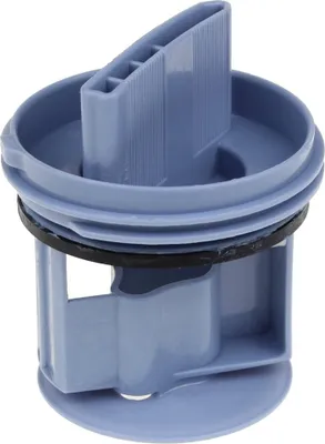 A close-up studio shot of a washing machine drain filter.