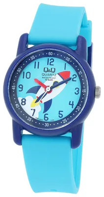 Produktbild von Q&Q Kinderuhr, Modell VR41J008Y. Kunststoffuhr, Türkisband und mehrfarbiges Zifferblatt. Analoge Kinderuhr. WR 100 mt.