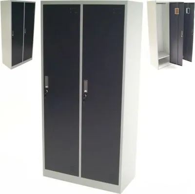 A product shot of a metal locker with two doors, shown from the front.
