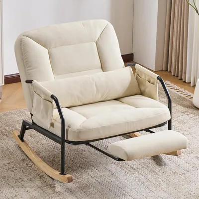 Produktbild von Übergroßer Schaukelstuhl für Terrasse und Garten mit Fußstütze, gepolstertem Kissen, verstellbarer Rückenlehne, Cord, Beige