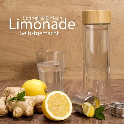 Produktbild von EAZY CASE Teeflasche aus Glas mit Bambus Deckel, Teesieb aus Edelstahl und Neoprenhülle, Teekanne ideal für unterwegs, doppelwandige Trinkflasche, Tee Flasche to Go 500 ml