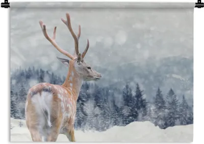 Produktbild von MuchoWow® Wandteppich Wandbehang Winter - Hirsche - Tiere 60x45 cm Tapisserie Dekoration Wandtuch - Das Schlafzimmer