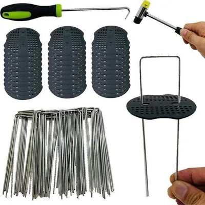 Produktbild von Famanu Erdanker Set für Unkrautvlies und Kunstrasen - 50 Erdanker + 50 Pufferscheiben 150 x 40 mm Ø 25 mm