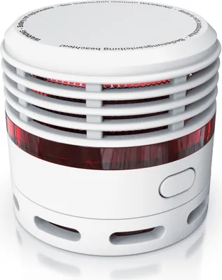 A white smoke detector with red LED lights is shown against a white background.