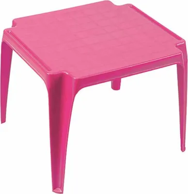 A pink plastic children's table is shown from a three-quarter angle against a white background.